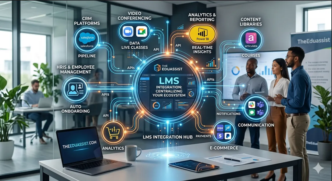 An infographic illustrating an LMS integration hub connecting CRM, Video conferencing, analytics, and HR managent tools