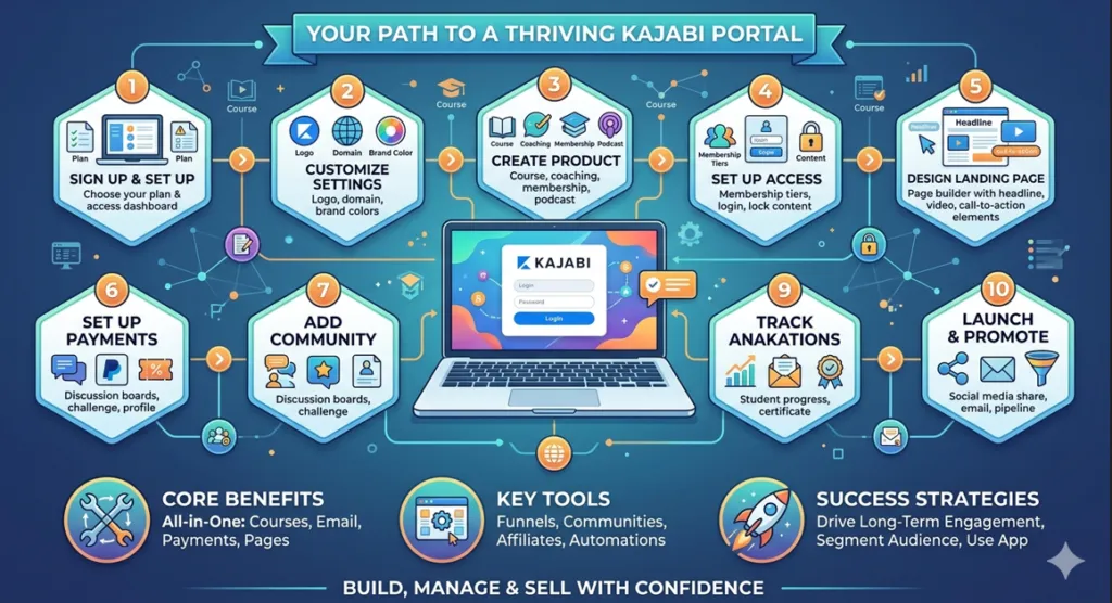 Astep-by-step infographic titled " your pathway to a thriving kajabi portal," showing a 10 step workflow on the Kajabi training platform with a central laptop displaying the main login screen