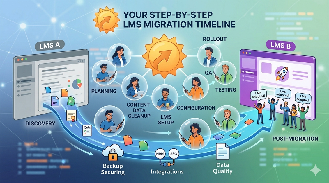 An infographic titled "Your Step-by-Step LMS Migration Timeline" showing a conceptual flow from "LMS A" to "LMS B." The image illustrates a data stream of files and certificates moving through phases including Discovery, Planning, Content Data Cleanup, LMS Setup, Configuration, Testing, and Rollout. Small team icons and security symbols for backup and integrations emphasize a secure LMS migration timeline and a successful post-migration adoption