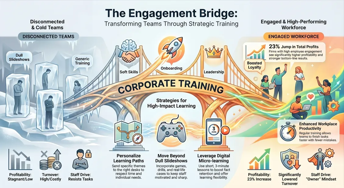 This infographic shows how corporate training drives business success. By building short, interactive learning paths, firms can easily close skill gaps and cut errors. Ultimately, investing in these modern programs transforms passive teams into a highly motivated, profitable workforce.