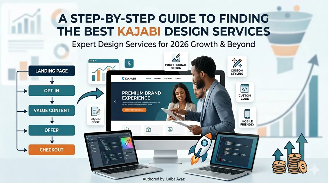 An infographic detailing a 5-step process for hiring professional Kajabi website design services. It features five icon-based steps—Project Scope, Templates, Examples, Technical Skills, and Choosing a Designer—linked by data streams to a central 3D data visualization and a preview of a final premium Kajabi website. Title reads: 'A Step-by-Step Guide to Finding the Best Kajabi Design Services.
