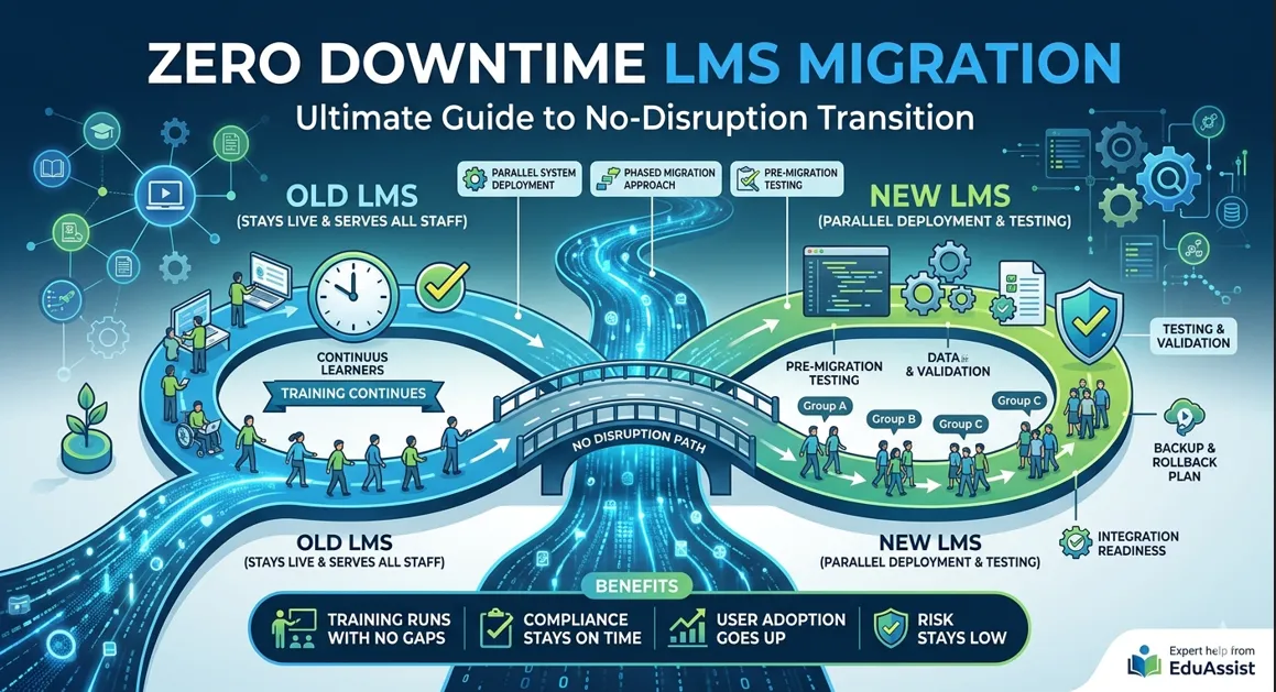 A professional infographic illustrating a Zero Downtime LMS Migration strategy, showing a seamless transition between an old and new system with parallel deployment, phased user rollouts, and continuous training flow.