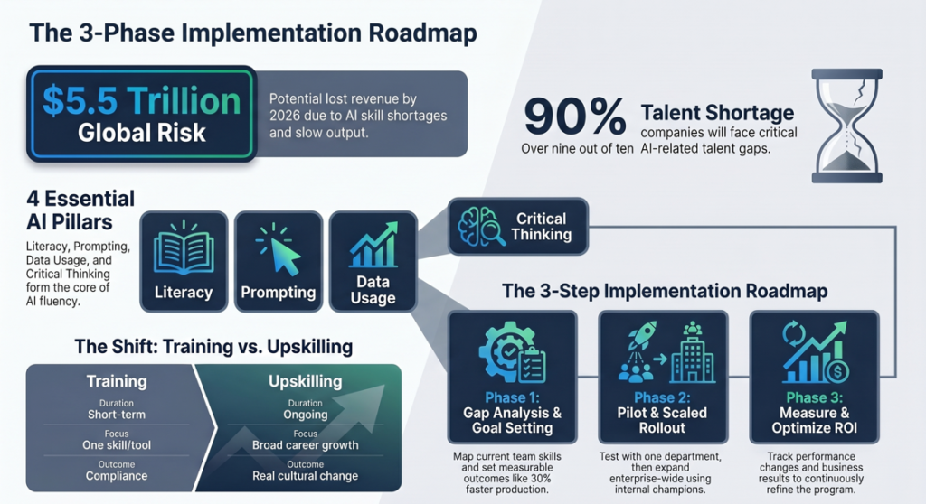 infographic of the AI upskilling strategy roadmap highlighting global revenue risks, core AI skills, and the 5-step implementation strategy.