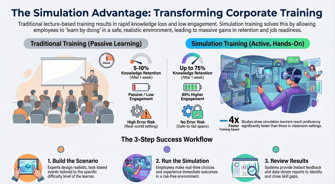A professional infographic illustrating the benefits of corporate training simulations, comparing traditional methods with 5-10% knowledge retention to simulation-based learning which achieves up to 75% retention . The visual highlights an 89% increase in employee engagement and outlines a three-step workflow: Build the Scenario, Run the Simulation, and Review Results
