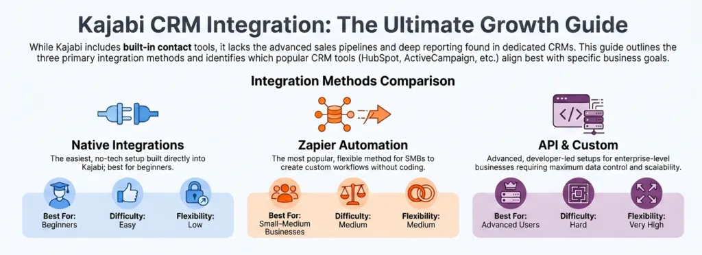 An infographic illustrating a seamless Kajabi CRM integration workflow, showing lead data flowing from Kajabi into external CRMs like HubSpot and ActiveCampaign to trigger automated email sequence and sales pipelines
