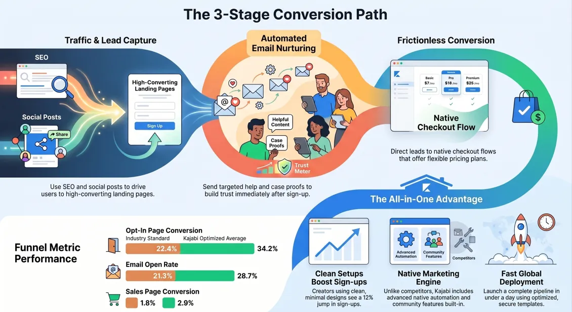 Building trust and nurturing leads through automated kajabi lead generation funnels and community engagement.