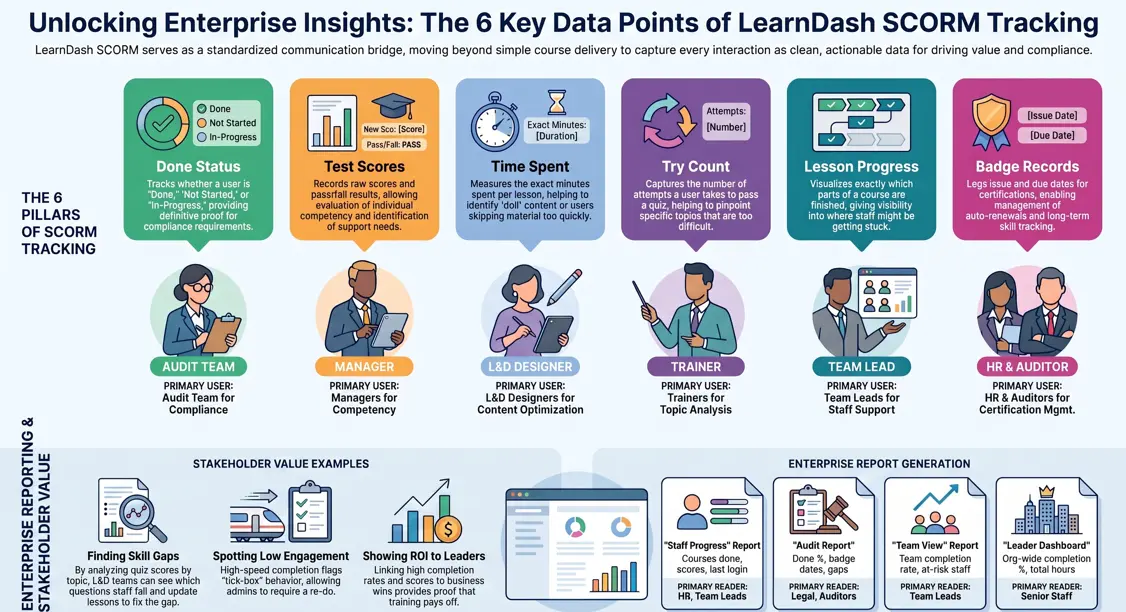 LearnDash SCORM infographic visualizing six key tracking metrics including test scores, completion status, and time spent.
