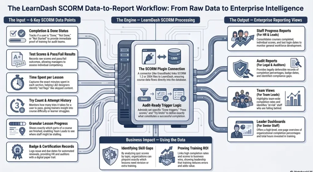  LearnDash SCORM workflow diagram showing how raw training data flows into specialized reports for HR, Audit, and Leadership.