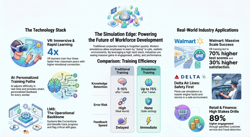 An industry-focused infographic detailing the impact of corporate training simulations across sectors like Aviation, Healthcare, and Retail
. It showcases the technology stack—LMS, VR, and AI—and highlights real-world success stories, such as Walmart's 70% increase in test scores and Delta Air Lines’ pilot simulator training