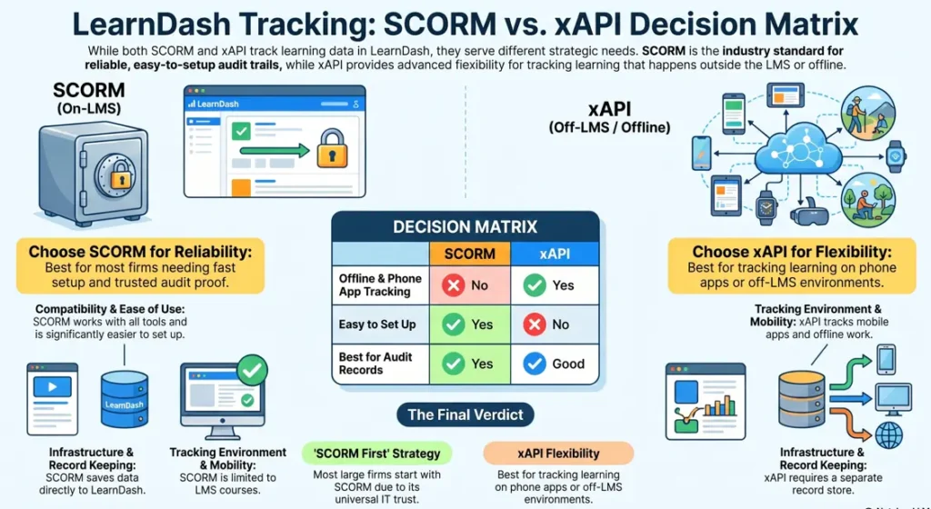 LearnDash SCORM versus xAPI comparison matrix highlighting ease of setup and audit readiness for enterprise teams