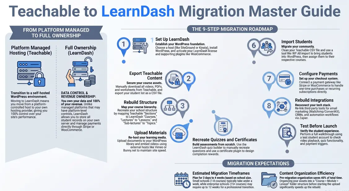 Professional featured image for the Master Guide on migrating from Teachable to a self-hosted LearnDash WordPress site.