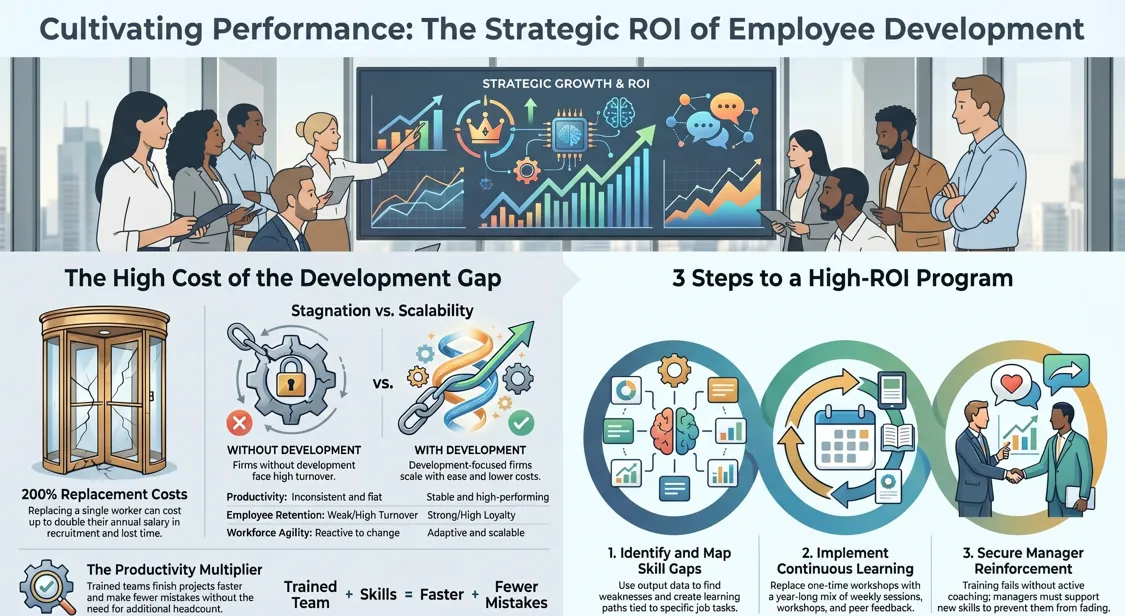 An infographic showing a diverse group of professionals collaborating in a modern, sunlit office to visualize growth through strategic employee development programs
