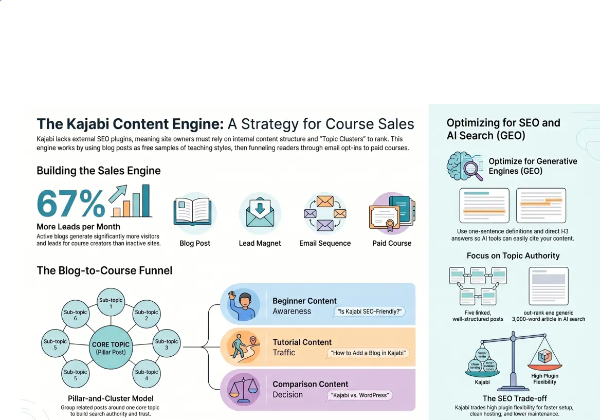 Kajabi blogging strategy infographic visualizing the content engine funnel, topic clusters, and lead generation statistics