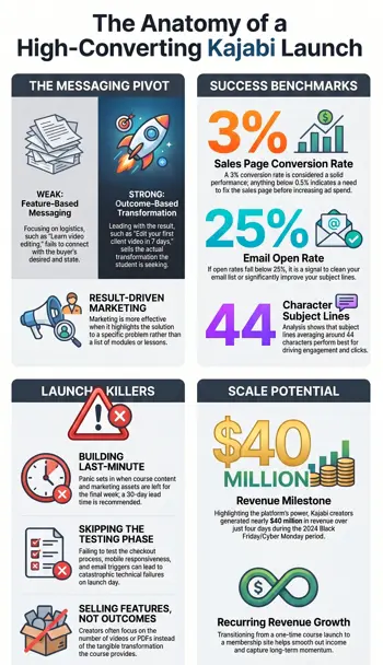 A data-driven Kajabi launch strategy guide illustrating high-converting messaging pivots, performance benchmarks, and common launch mistakes to avoid