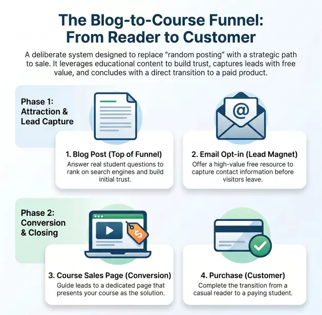 A flowchart illustrating a kajabi blogging strategy that moves readers from a blog post to an email opt-in, sales page, and finally a course purchase