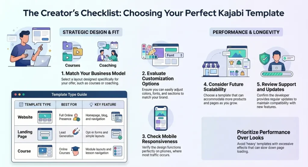 A professional checklist for choosing high-quality Kajabi templates, focusing on business model fit, mobile responsiveness, and customization options.