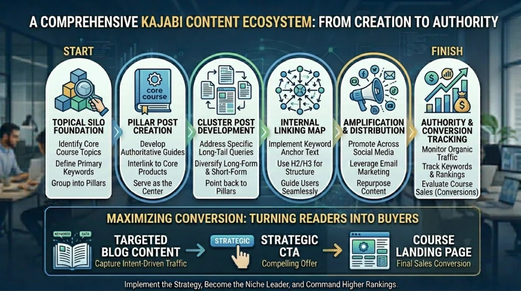 An infographic illustrating a comprehensive Kajabi content ecosystem workflow, highlighting how to turn readers into buyers by executing an optimized strategy based on Kajabi keyword research