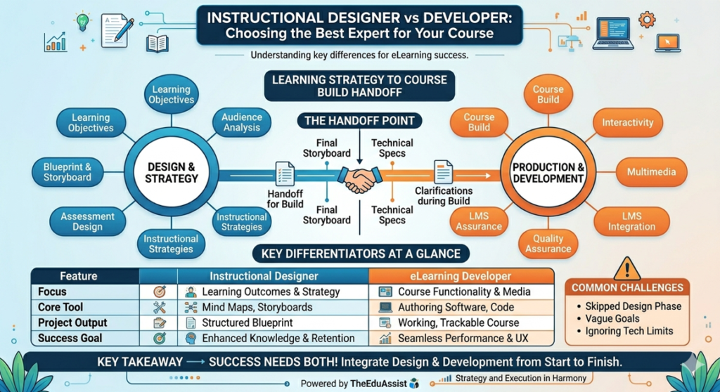 An eLearning project diagram highlighting the learning strategy to course build handoff point between an instructional designer vs developer, including a feature comparison table of tools, outputs, and common project challenges.