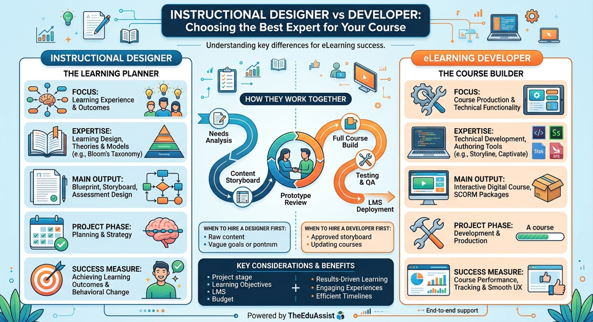 A comprehensive infographic comparing an instructional designer vs developer roles for eLearning course creation, mapping out the learning planner vs course builder responsibilities, project workflows, and key considerations by TheEduAssist.