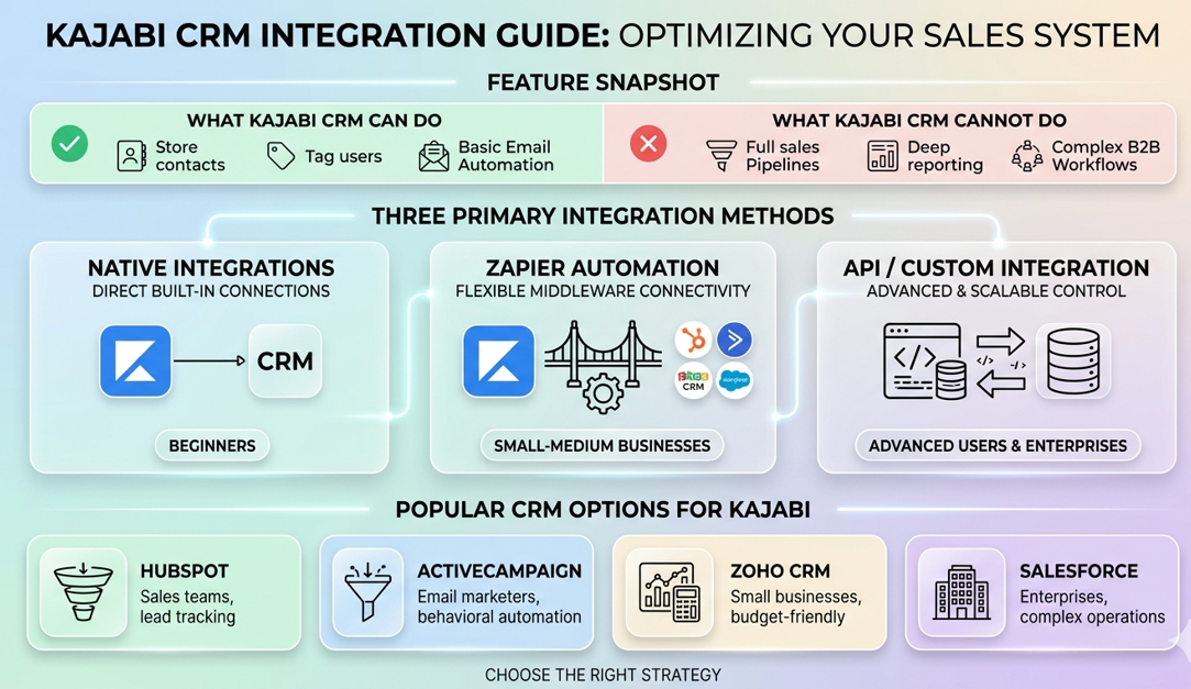 ​A professional infographic guide titled "Kajabi CRM Integration: Optimizing Your Sales System." The graphic features a clean, light-colored pastel layout breaking down what Kajabi's built-in tools can and cannot do. It highlights the three primary integration methods—Native Integrations for beginners, Zapier Automation for small-to-medium businesses, and API/Custom Integration for advanced users and enterprises. The bottom section showcases popular CRM options for Kajabi, including HubSpot, ActiveCampaign, Zoho CRM, and Salesforce.