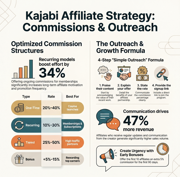 Kajabi email marketing complete setup, infographic showing affiliate commission types and the simple outreach formula.
