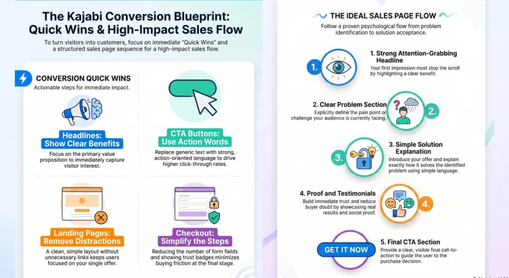 A visual guide for Kajabi conversion optimization highlighting quick wins for headlines and CTAs, alongside a step-by-step sales page flow from headline and problem section to social proof and final call-to-action.