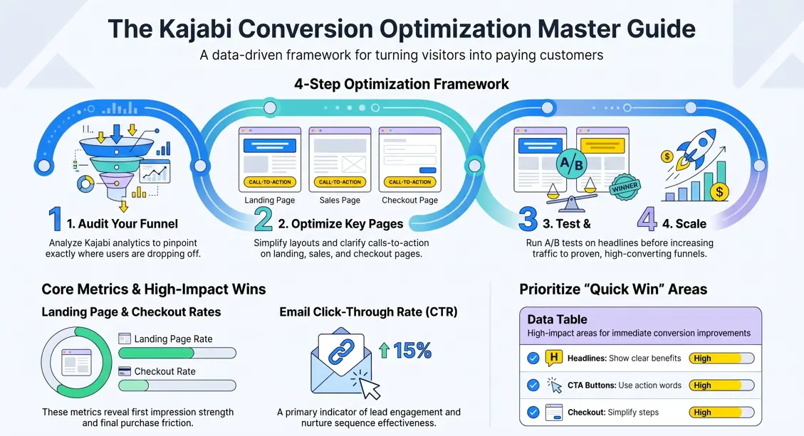 An infographic detailing the 4-step Kajabi conversion optimization framework: auditing funnels, optimizing key pages, testing changes, and scaling what works, including key metrics like landing page and checkout rates.