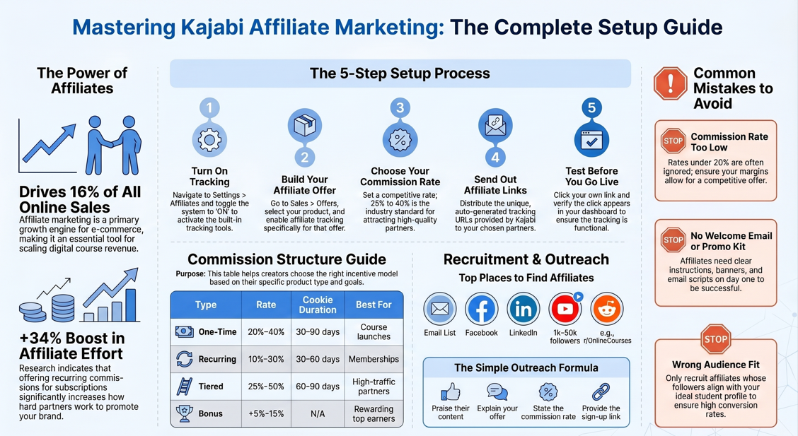 Infographic illustrating a kajabi email marketing complete setup for affiliate programs, featuring the 5-step workflow, commission structures, and recruitment strategies