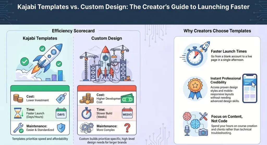 A comparison chart showing the benefits of using Kajabi templates over custom web design in terms of lower cost, faster setup, and easier maintenance.