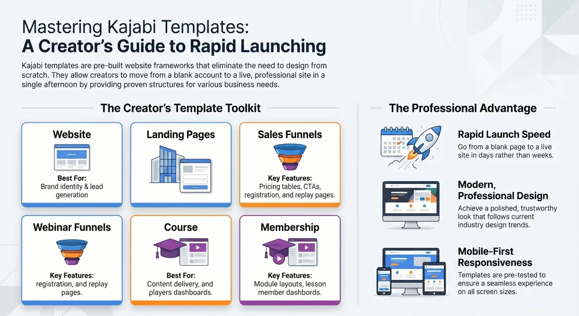 An overview infographic of different types of Kajabi templates including sales, course, and membership layouts designed for rapid launching