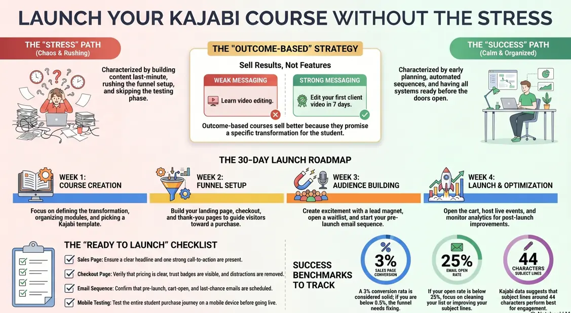 A 30-day Kajabi launch strategy roadmap contrasting a stressful launch with an organized, 4-week plan featuring success benchmarks and a technical checklist.