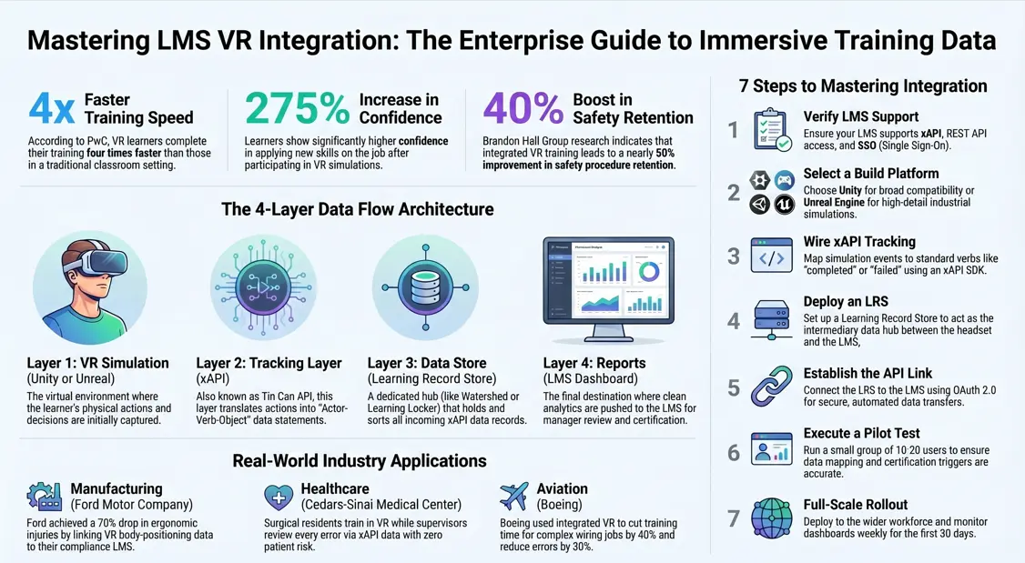 Overview of lms vr integration showing ROI stats, data flow, and the 7-step setup roadmap