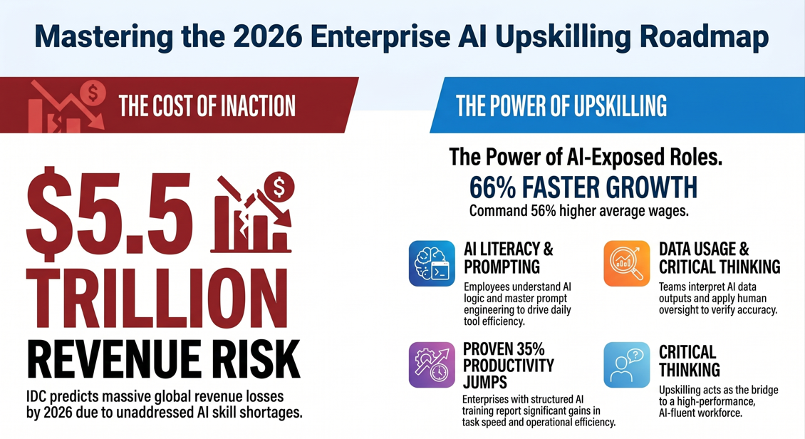 Infographic for the 2026 AI upskilling roadmap highlighting the $5.5 trillion global revenue risk and the four foundational pillars of AI literacy, prompting, data proficiency, and critical thinking