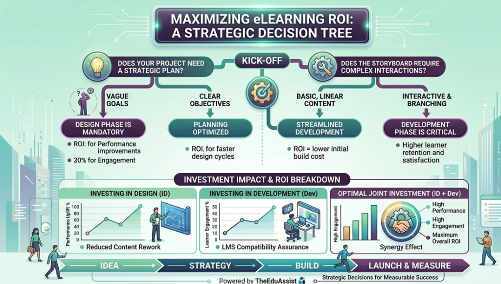 A strategic decision tree and ROI breakdown infographic for choosing an instructional designer vs developer based on project goals, showcasing investment impact on learner engagement and performance uplift.