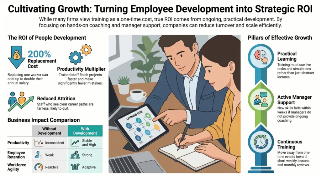 A manager providing one-on-one coaching to a team member as part of practical, hands-on Employee development programs to bridge skill gaps.
