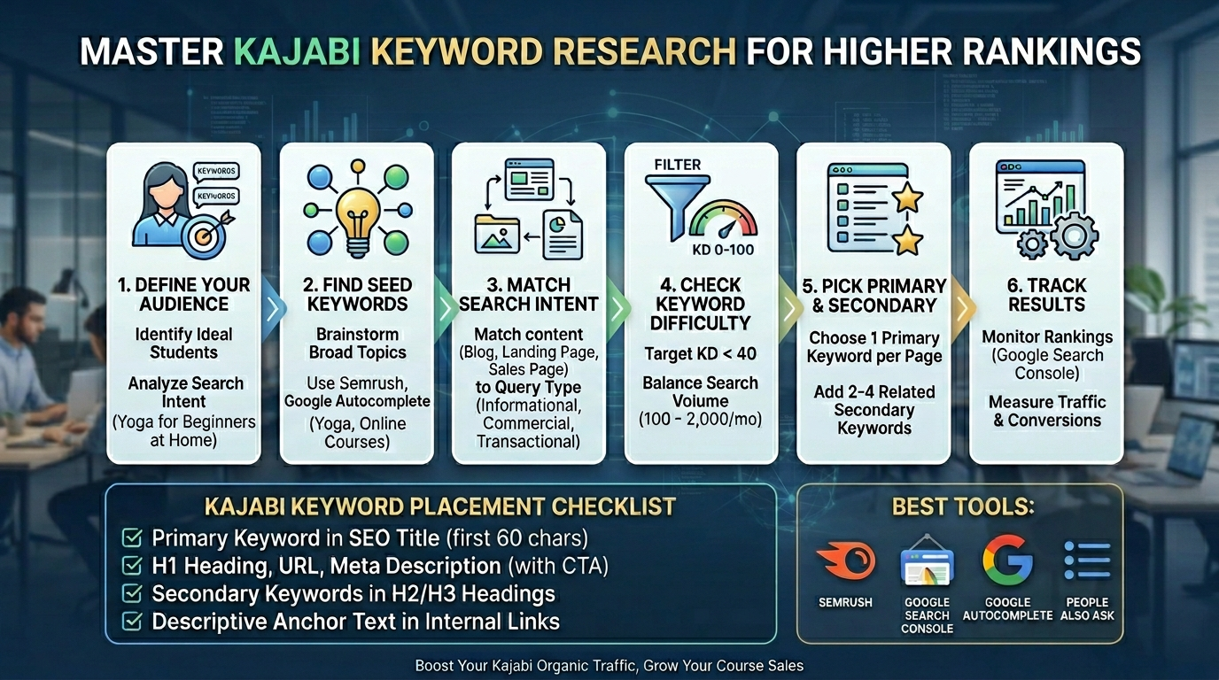 An infographic outlining a 6-step workflow to master Kajabi keyword research for higher search engine rankings, featuring an SEO placement checklist and a list of best tools like Semrush and Google Search Console.