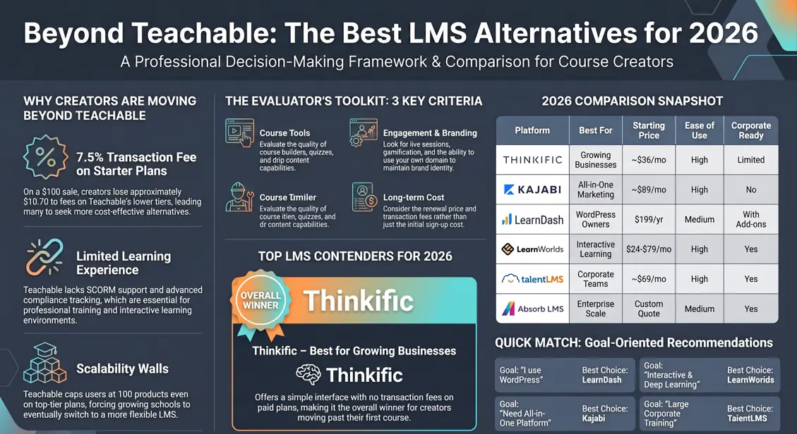 Teachable alternatives comparison guide for 2026, featuring a detailed side-by-side analysis of leading platforms like Thinkific, Kajabi, LearnDash, and LearnWorlds . The visual highlights critical decision-making factors including starting prices, customization levels, and "best for" categories ranging from solo creators to enterprise-scale training needs