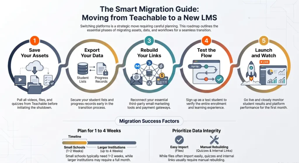 Teachable Alternatives migration roadmap illustrating a professional five-step process for a seamless platform transition
. The graphic details the essential stages of a successful switch: saving course assets, exporting student data, rebuilding integrations, testing the new learner flow, and monitoring the final launch to ensure business continuity.